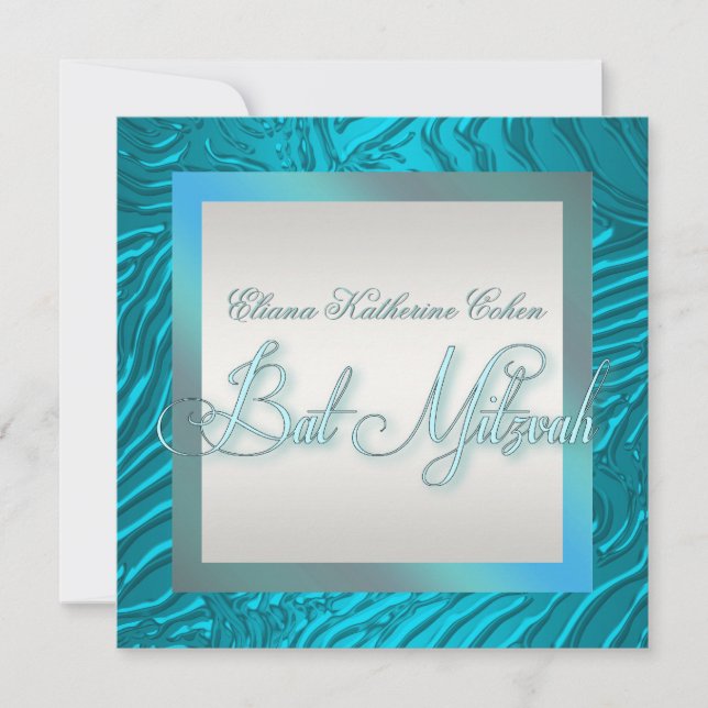 Convites Chamadas de Teal Blue Zebra Bat Mitzvah (Frente)