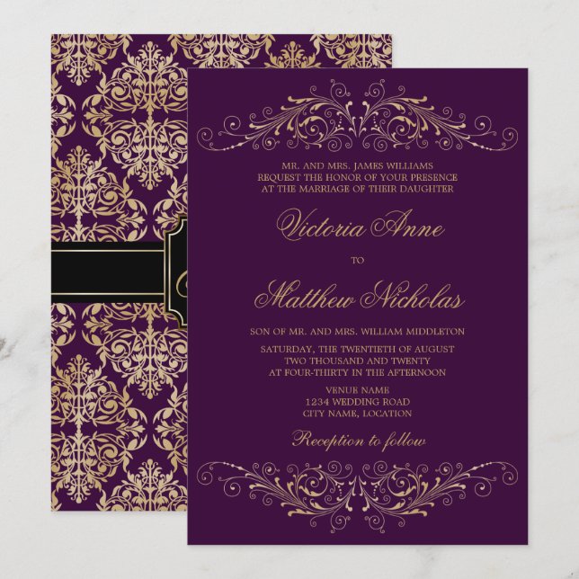 Convites Chamadas Elegantes de EggPlant Douradas Flourish D (Frente/Verso)