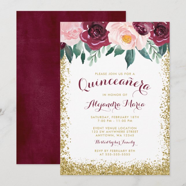 Convites Chamadas Florais Douradas de Quinceanera Burgundia (Frente/Verso)