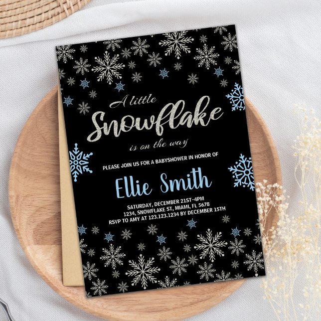 Convites Chamadas para bebê de inverno com brilho azul pret (Black Blue Glitter Winter Baby Shower Invitations)