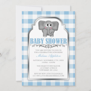 Convites Chamadas para bebê Gingham Blue Elephant