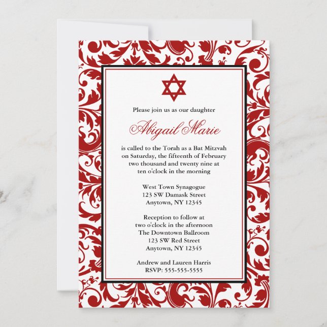 Convites Chamadas Red Swirl Damask Bat Mitzvah (Frente)
