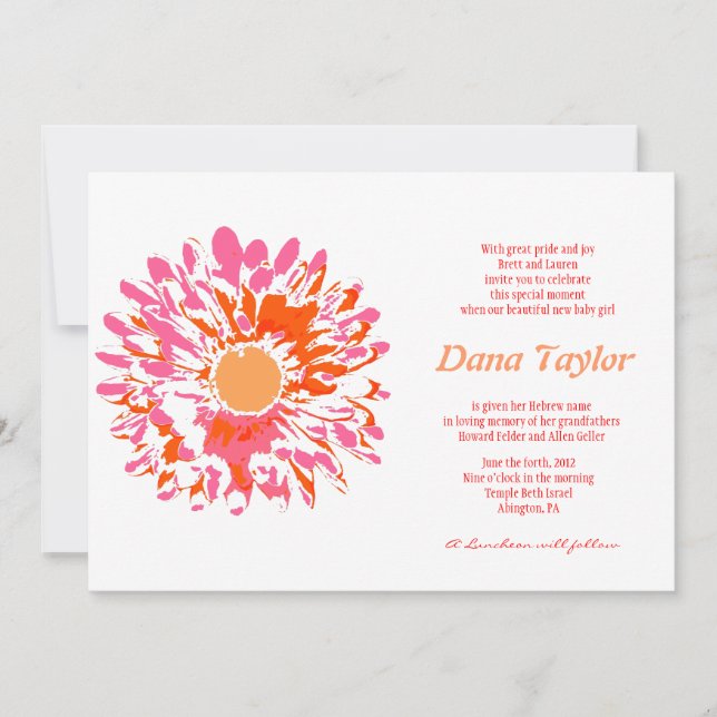 Convites Chamado de Nome de Bebê Judeu de Flor Rosa Hebraic (Frente)