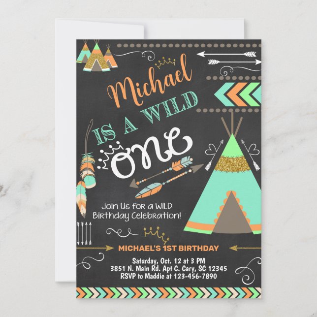Convites Chamado de primeiro aniversario do Teepee Wild One (Frente)