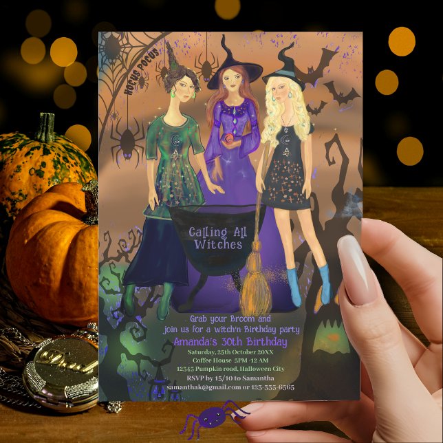 Convites Chamando todas as bruxas para o Aniversário do Dia (Calling All Witches Halloween Birthday Invitation)