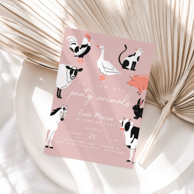 Convites Chamando todos os animais da parte | Crianças e an (Calling All Party Animals! Modern pink invitation.)