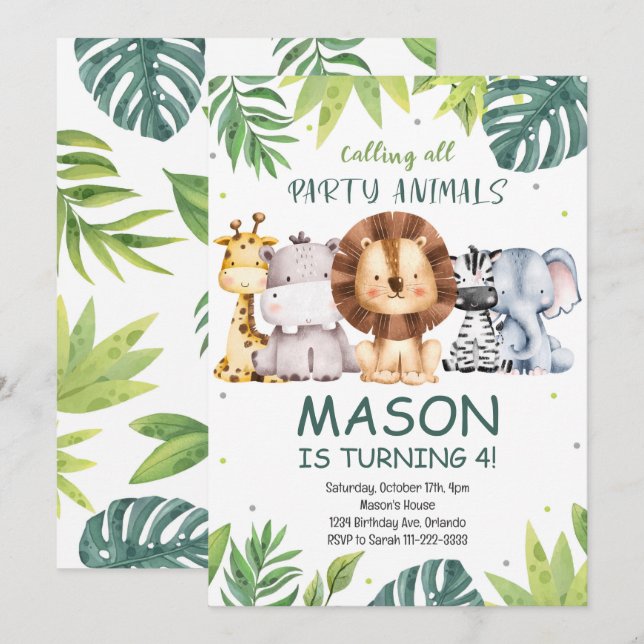 Convites Chamando todos os animais de festa Safari Aniversá (Frente/Verso)