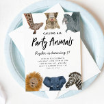 Convites Chamando todos os animais de festa Safari Zoo Birt<br><div class="desc">O safari de animais de crianças bonitos e divertidos é um convite de aniversário que ilustra animais safari de girafa,  leopardo-da-neve,  rinoceronte,  leão,  elefante e zebra. O texto diz "chamando todos os animais da festa." Perfeito para a festa de aniversário de um menino.</div>