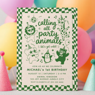 Convites Chamando Todos os Animais de Festa Verde RETRO 1º
