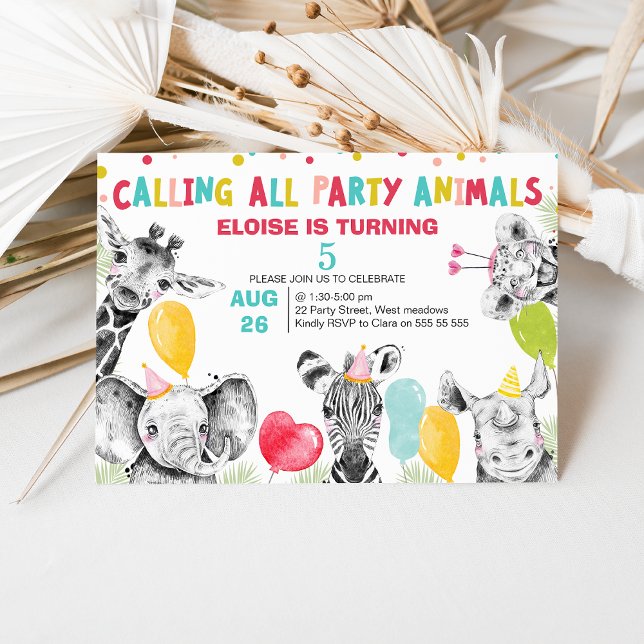 Convites Chamando Todos Os Animais De Festas De Aniversário (Colorful Calling All Party Animals Safari Birthday Invitation, Jungle Animals, Balloons, Party Hats)