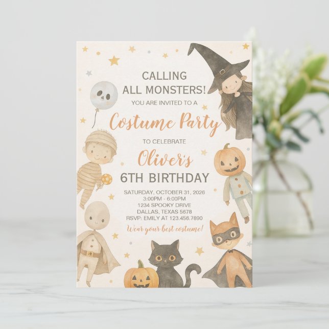 Convites Chamando todos os monstros de aniversário de Hallo (Em pé/Frente)