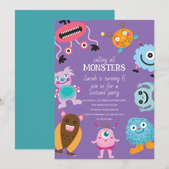 Convites Chamando todos os monstros de aniversário de Hallo (Frente/Verso)