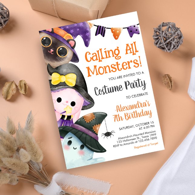 Convites Chamando Todos os Monstros de Figurino de Hallowee (Calling All Monsters Costume Halloween Birthday Invitation)