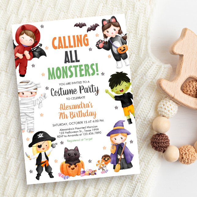 Convites Chamando Todos os Monstros de Figurino Dia das Bru (Spooky Costume Halloween Birthday Invitation)