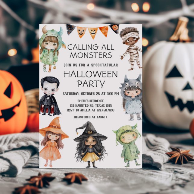 Convites Chamando todos os monstros Kids Festa de Dia das B (Calling All Monsters Kids Costume Halloween Party Invitation)