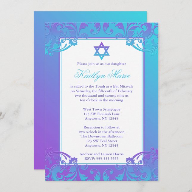 Convites Chamas de Bat Mitzvah de Teto Roxo (Frente/Verso)