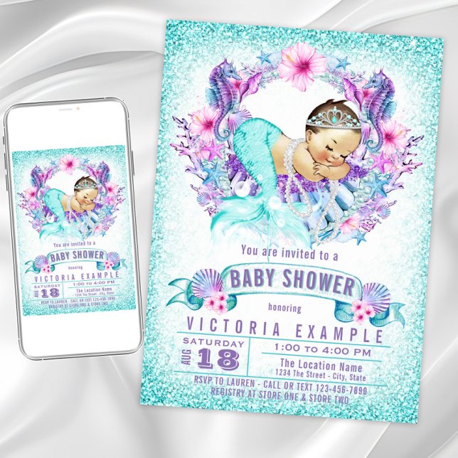 Convites Chamas de Chuveiro de Sereia Roxa (Cute mermaid baby shower invitation. Instant download and printed invitations available.)