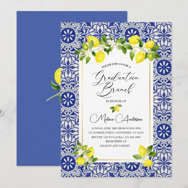 Convites Chambão de graduação de aquarelas com limão e mosa (Frente/Verso)
