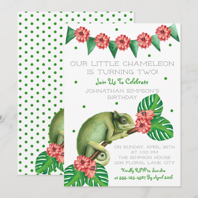 Convites Chameleon Lizard Segundo Aniversário (Frente/Verso)