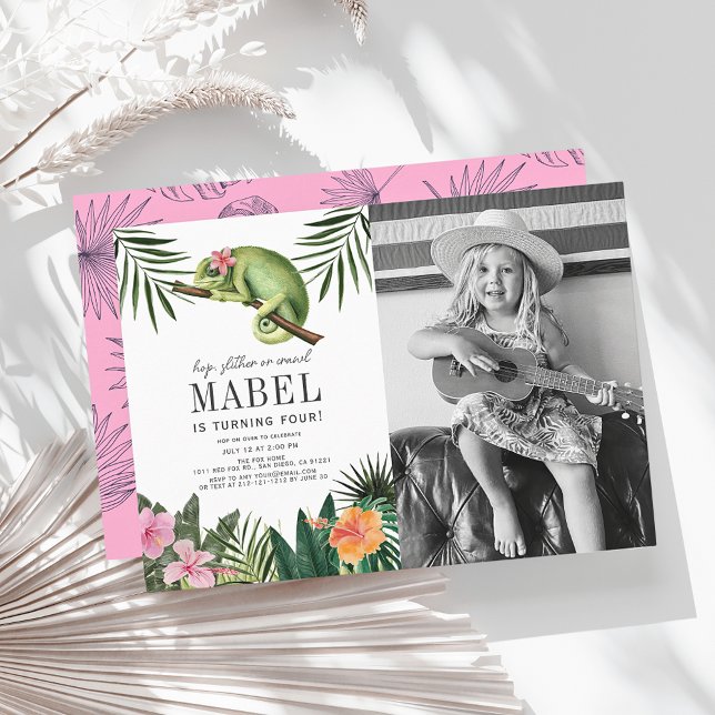 Convites Chameleon Reptile Girl White Birthday (Criador carregado)