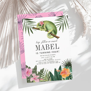 Convites Chameleon Reptile Tropical Girl White Birday