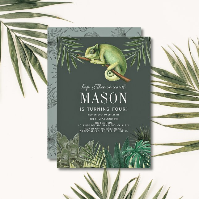 Convites Chameleon Reptile Tropical Green Boy Birday (Criador carregado)