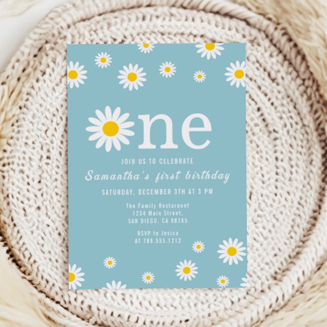 Convites Chamomile Flower Watercolor Teal Primeiro Aniversá (Criador carregado)