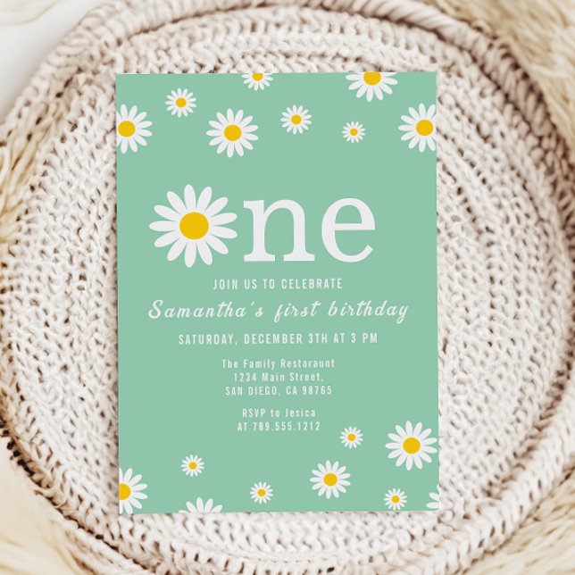 Convites Chamomile Flower Watercolor Verde Primeiro Anivers (Criador carregado)