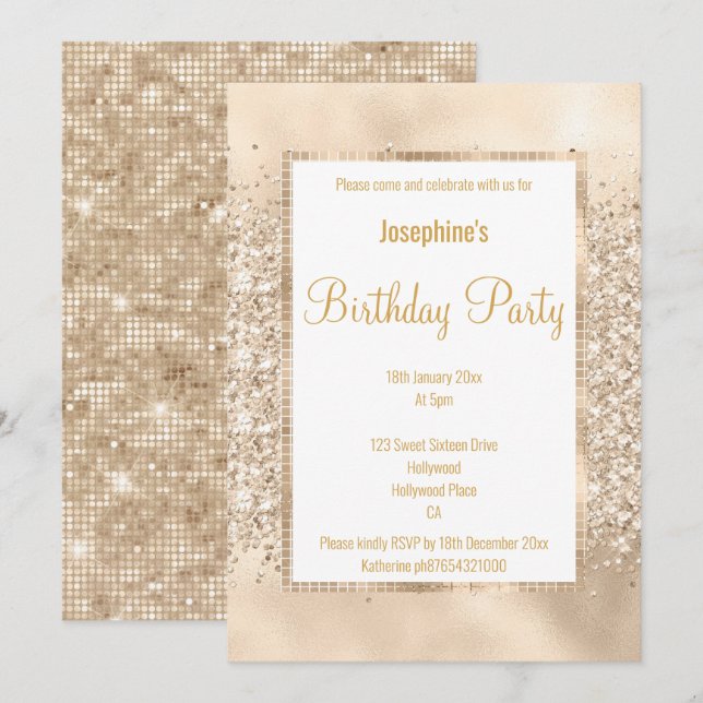 CONVITES CHAMPAGNA LUXURIOSA DO GLITTER E PERSONALIDADE DOU (Frente/Verso)