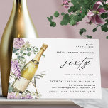 Convites Champagne | 60.o Aniversário de Mulheres Elegantes<br><div class="desc">Bonito convites para o 60.º aniversário com a ilustração aquosa de uma garrafa de champanhe cercada de flores roxas. Grande texto "sessenta" é escrito em script, para um estilo divertido mas elegante. O verso é uma cor verde-clara coordenadora. (As cores de fundo podem ser alteradas, se desejado, usando a ferramenta...</div>