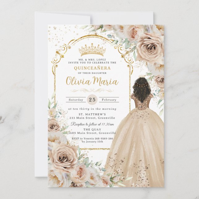 Convites Champagne Beige Cream Floral Princesa Quinceañera (Frente)