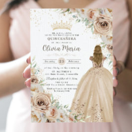 Convites Champagne Beige Cream Floral Princesa Quinceanera