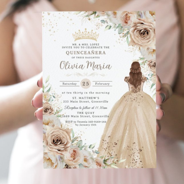 Convites Champagne Beige Cream Floral Princesa Quinceañera (Criador carregado)