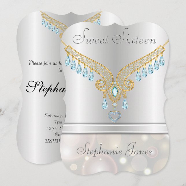 Convites Champagne Bokeh Aquamarine Sweet 16 (Frente/Verso)