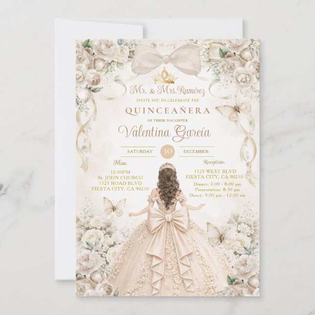 Convites Champagne Bow Floral Quinceañera Princess (Frente)