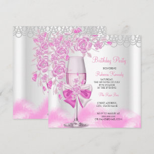 Convites Champagne Branco de Aniversário Rosa Rosa