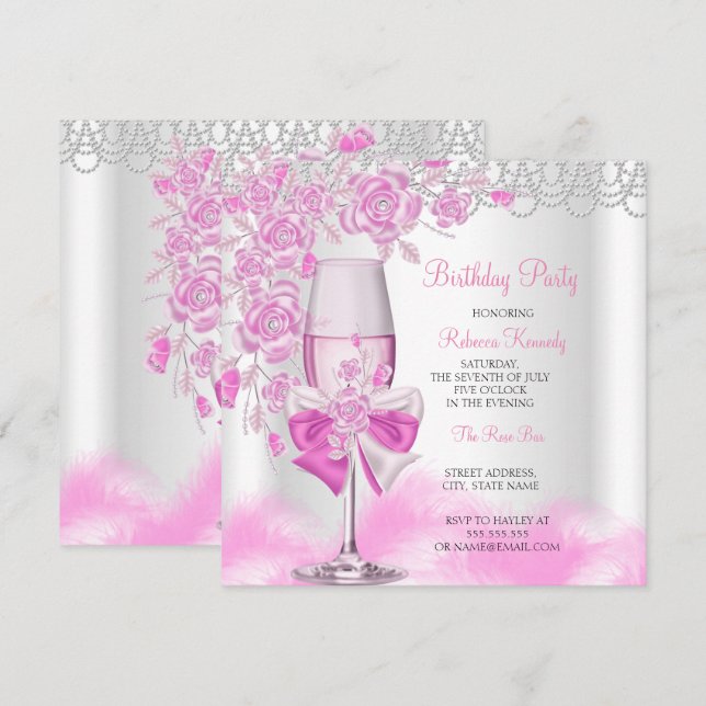 Convites Champagne Branco de Aniversário Rosa Rosa (Frente/Verso)