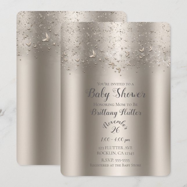 Convites Champagne Brilho Borboleta Babyshower (Frente/Verso)