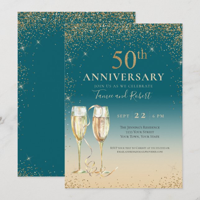 Convites Champagne Brilho Dourado Verde 50º Aniversário (Frente/Verso)
