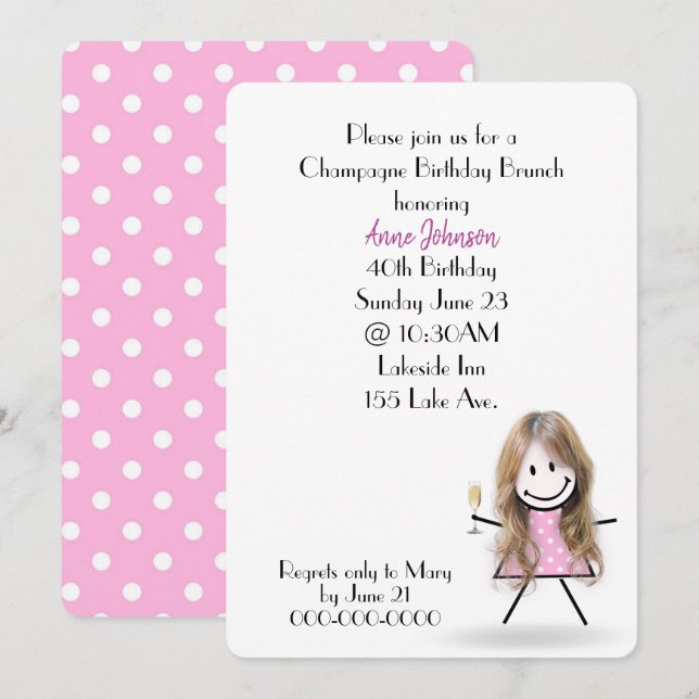 Convites Champagne Brunch de 40 Anos Stick Girl (Frente/Verso)