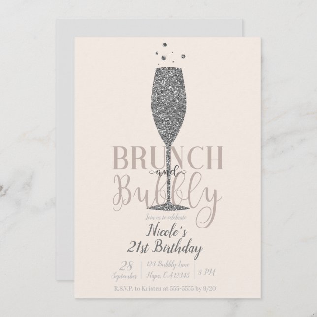 Convites Champagne Brunch e Bubble Silver Glitter Aniversár (Frente/Verso)