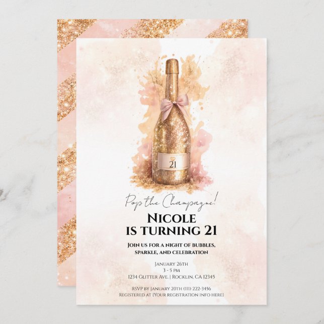 Convites Champagne Bubbly & Gold Glitter 21 21ST Birthday  (Frente/Verso)