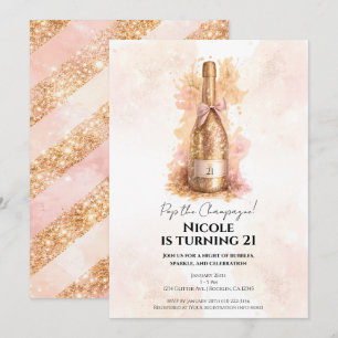 Convites Champagne Bubbly & Gold Glitter 21 Aniversário de 