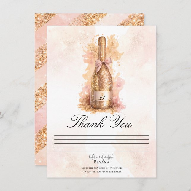 Convites Champagne Bubbly & Gold Glitter Thank You Card (Frente/Verso)