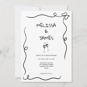 Convites Champagne Caprichoso Desenho à Mão Casamento