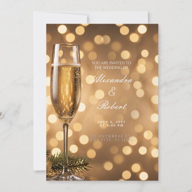 Convites Champagne com Bokeh Dourado (Frente)