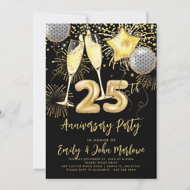 Convites Champagne Confete Dourado de Aniversário de 25 Ano (Frente)