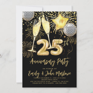 Convites Champagne Confete Dourado de Aniversário de 25 Ano