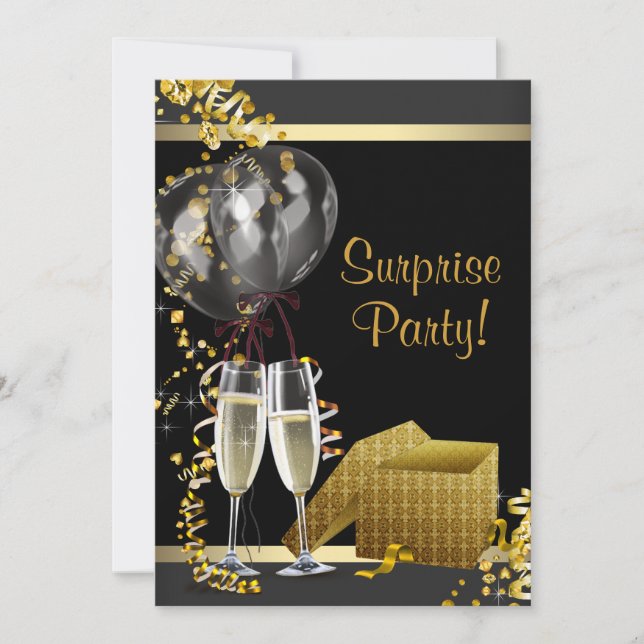 Convites Champagne Confetti Black Surprise Party (Frente)