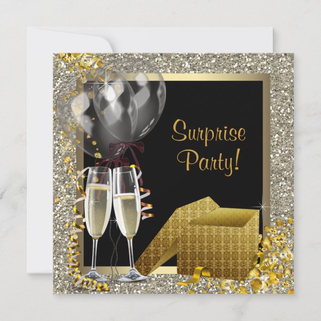 Convites Champagne Confetti Black Surprise Party (Frente)